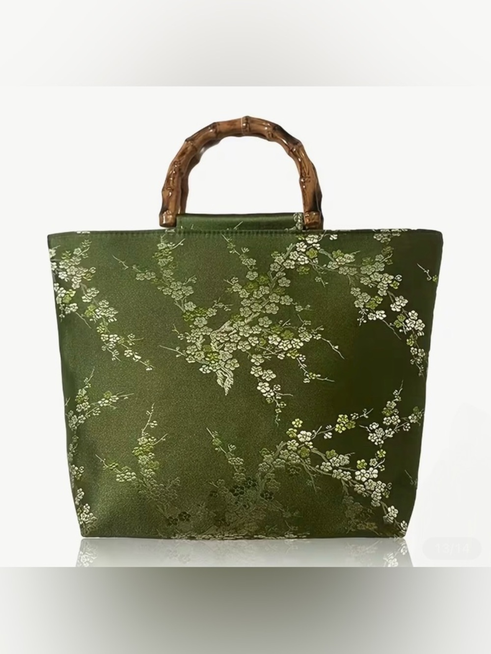 Elegant Green Floral Satin Tote with Bamboo Handle